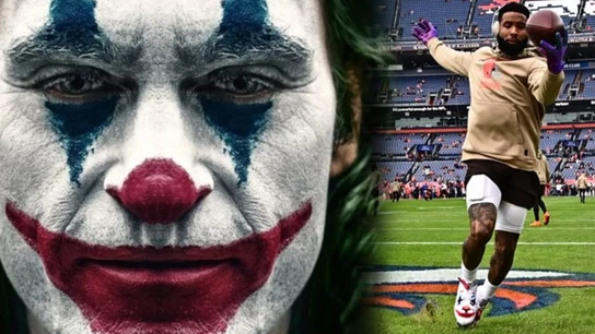 Joaquin Phoenix como 'Joker' y Odell Beckham Jr. con el rostro del personaje en sus zapatillas Joaquin Phoenix como 'Joker' y Odell Beckham Jr. con el rostro del personaje en sus zapatillas