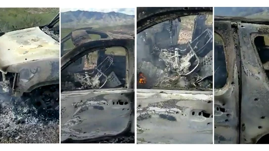 Uno de los vehículos atacados por un grupo armado y donde viajaban familias entre ellas varios niños, en La Mora (México) Uno de los vehículos atacados por un grupo armado y donde viajaban familias entre ellas varios niños, en La Mora (México)