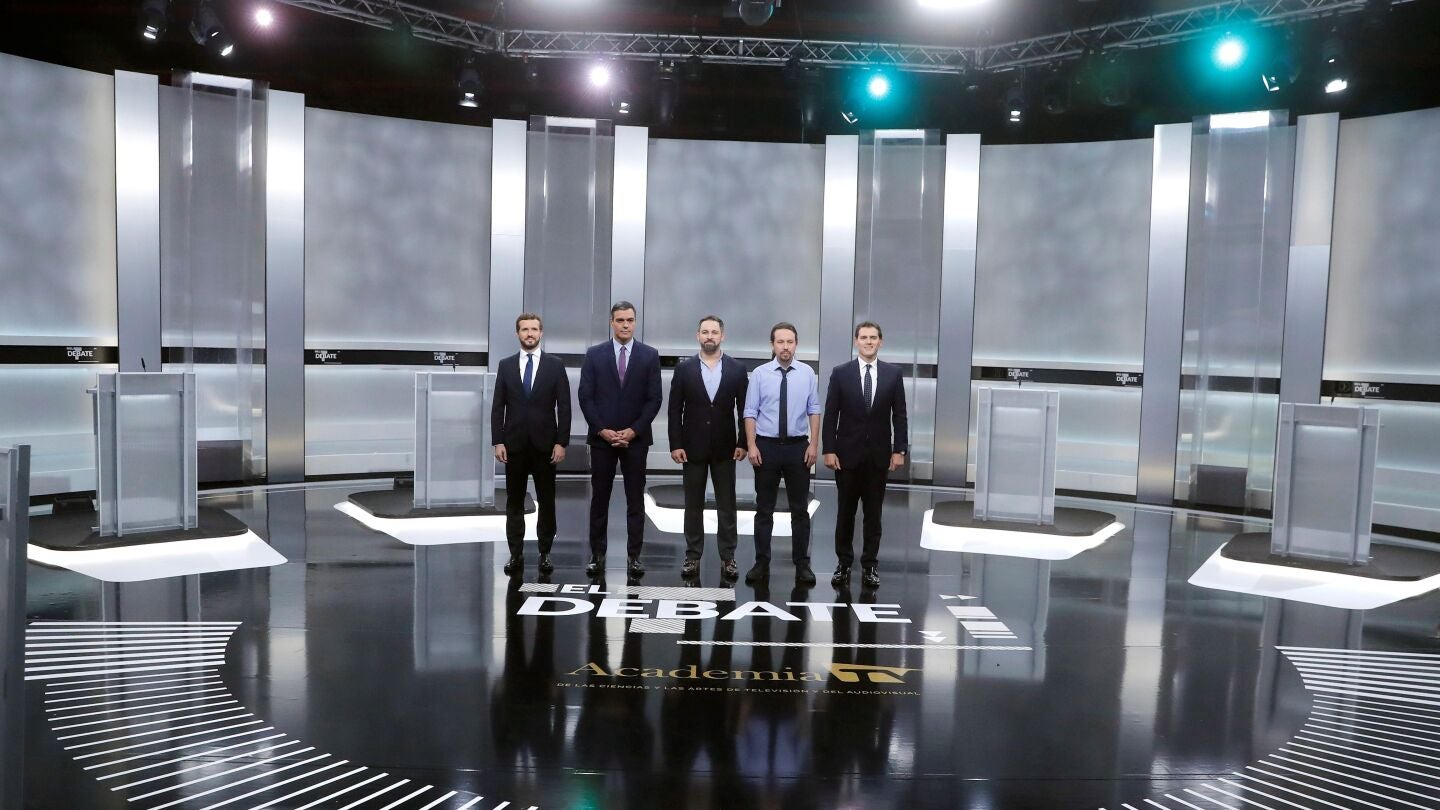 Los candidatos a la presidencia del Gobierno Pablo Casado, Pedro S&aacute;nchez, Santiago Abascal, Pablo Iglesias y Albert Rivera