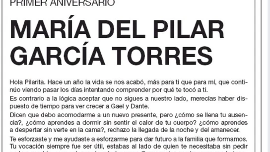 La esquela que la pareja de 'Pilarita' ha publicado en 'El País' La esquela que la pareja de 'Pilarita' ha publicado en 'El País'