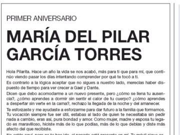 La esquela que la pareja de 'Pilarita' ha publicado en 'El País' La esquela que la pareja de 'Pilarita' ha publicado en 'El País'