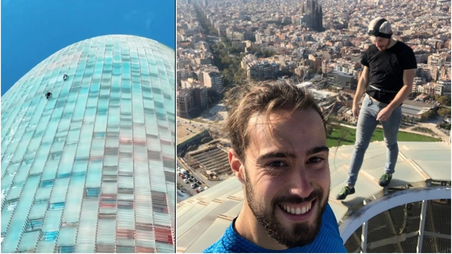Leo Urban y Nico Mathieux escalando la torre Glòries Leo Urban y Nico Mathieux escalando la torre Glòries