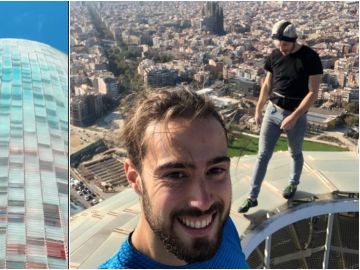 Leo Urban y Nico Mathieux escalando la torre Glòries Leo Urban y Nico Mathieux escalando la torre Glòries