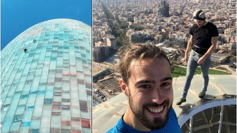 Leo Urban y Nico Mathieux escalando la torre Glòries