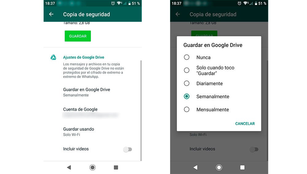 Seleccionando los ajustes de la copia de seguridad