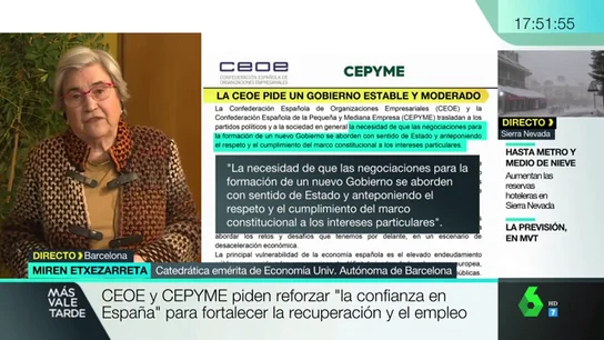 La economista Miren Etxezarreta responde a la CEOE: "Me hace gracia el miedo que demuestran a la mínima señal de progresismo" La economista Miren Etxezarreta responde a la CEOE: "Me hace gracia el miedo que demuestran a la mínima señal de progresismo"