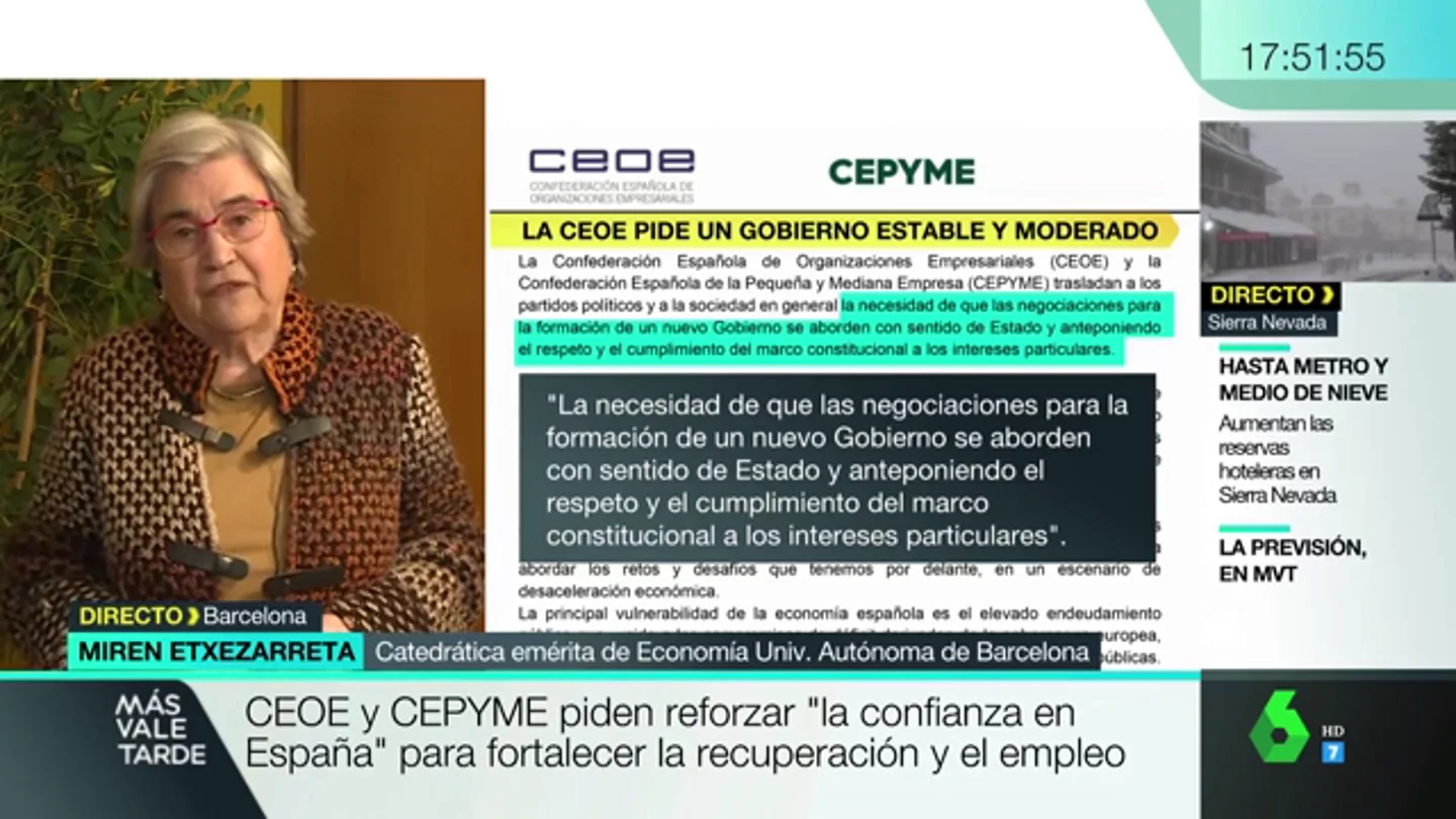 La economista Miren Etxezarreta responde a la CEOE: "Me hace gracia el miedo que demuestran a la mínima señal de progresismo" La economista Miren Etxezarreta responde a la CEOE: "Me hace gracia el miedo que demuestran a la mínima señal de progresismo"