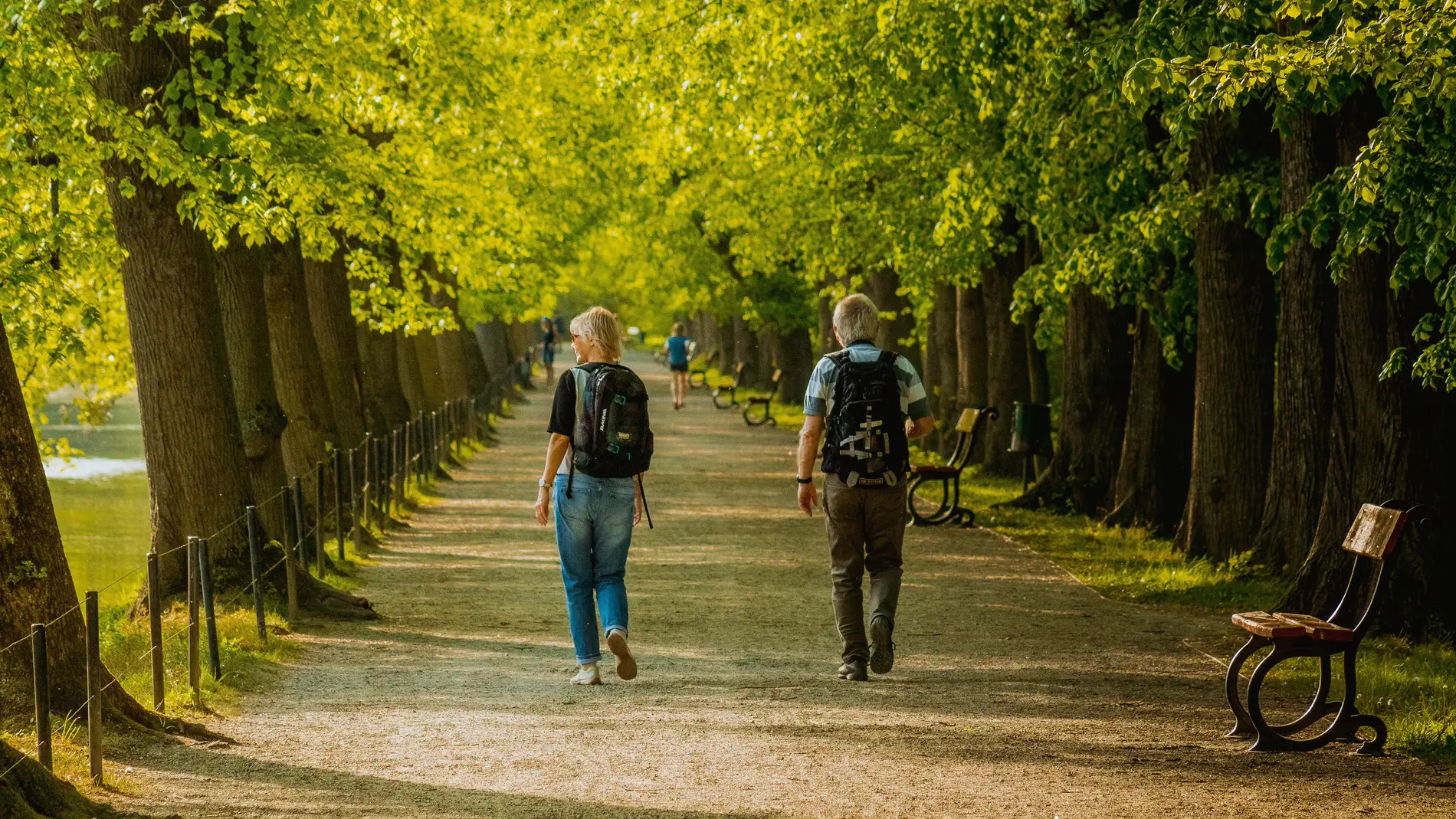 dos personas andando por un parque