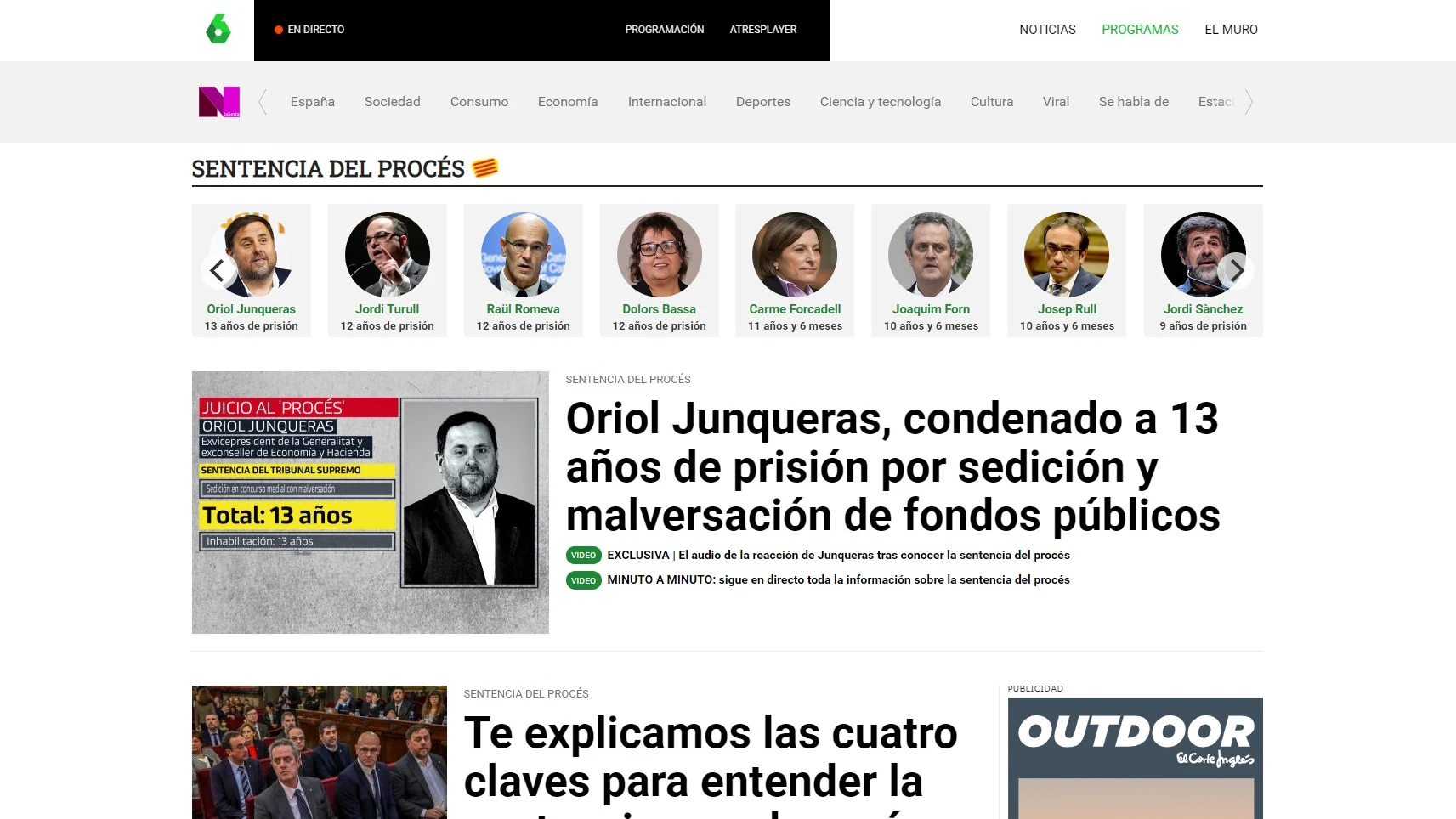 Portada de laSexta.com con motivo de la sentencia del procés