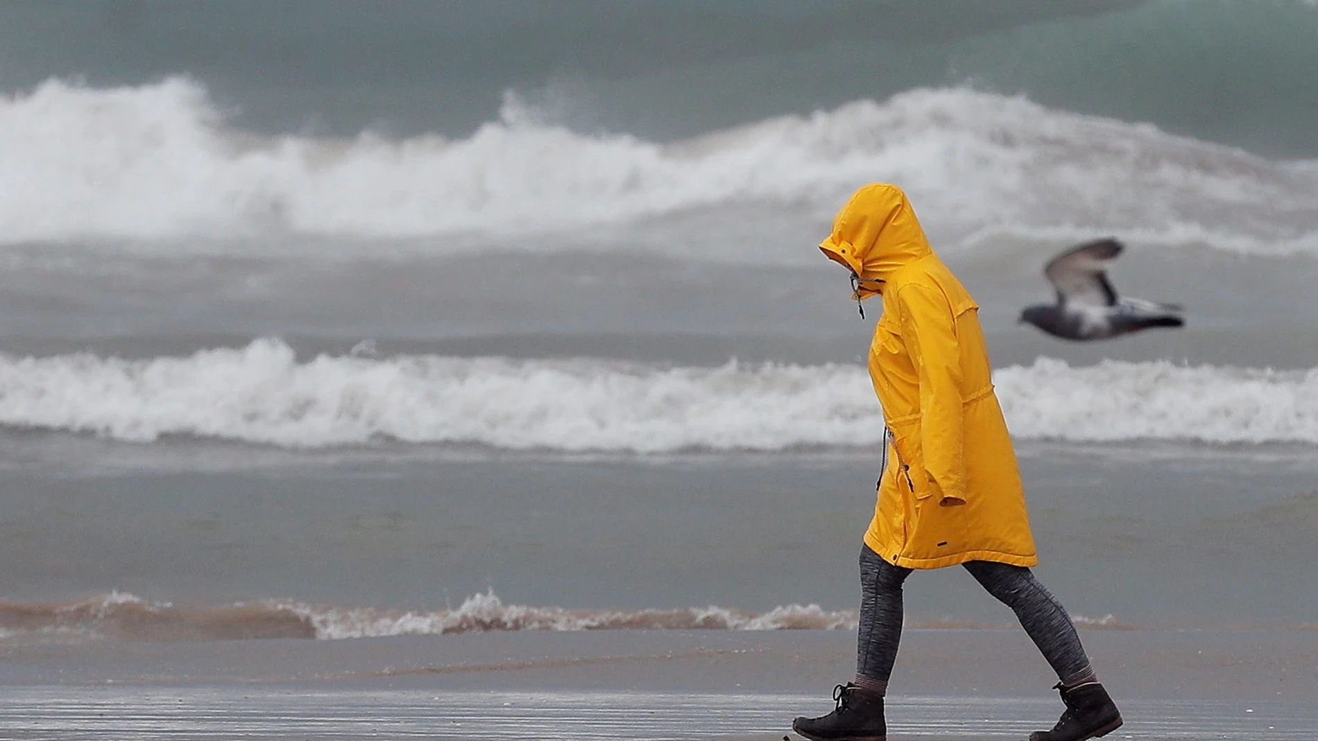 Una persona pasea por la playa de la Malvarrosa bien protegida contra la lluvia