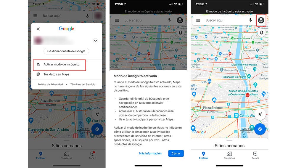 Activando el modo incógnito de Google Maps en un iPhone