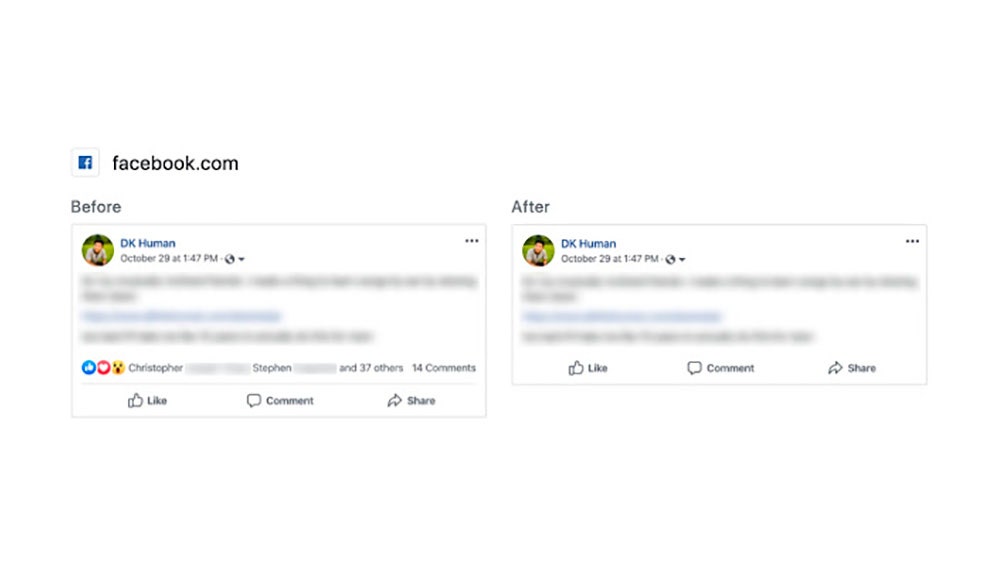 Antes y después de la extensión en Facebook