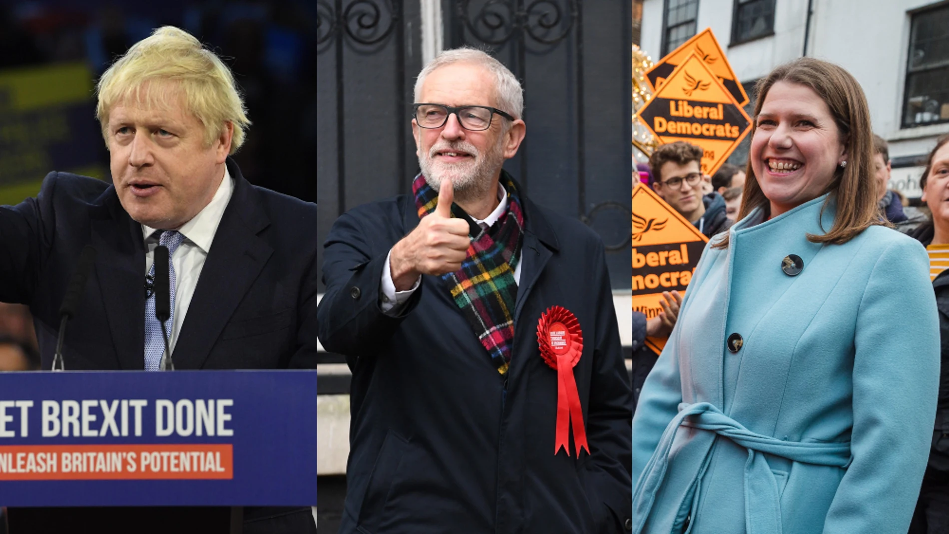 Boris Johnson, Jeremy Corbyn y Jo Swinson