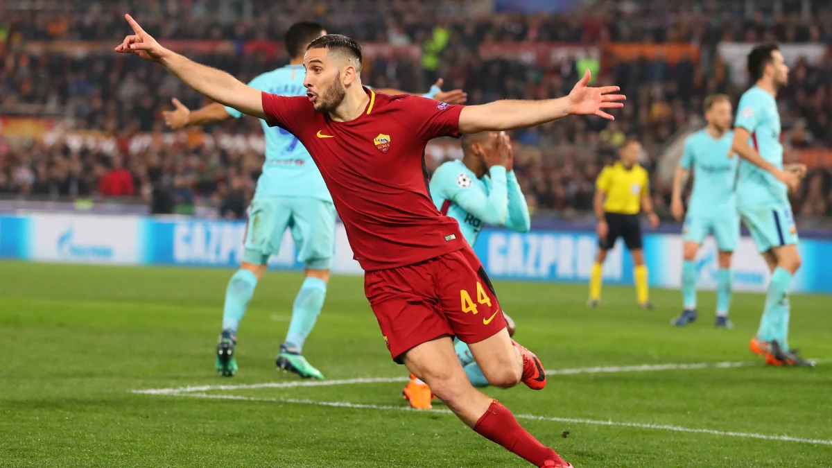 Manolas celebra un gol ante el Barça