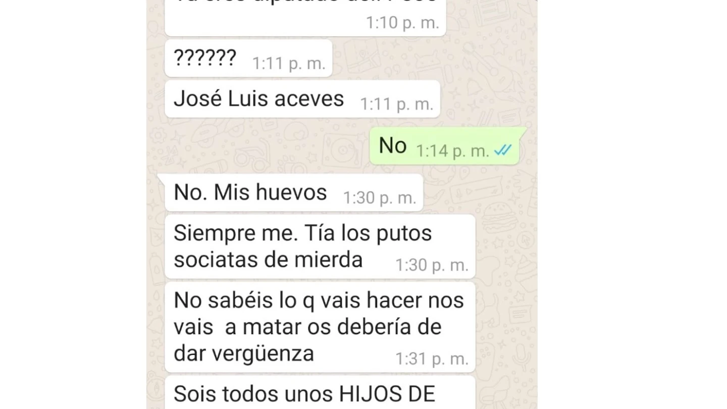 Las amenazas recibidas por Aceves a través de Whatsapp Las amenazas recibidas por Aceves a través de Whatsapp