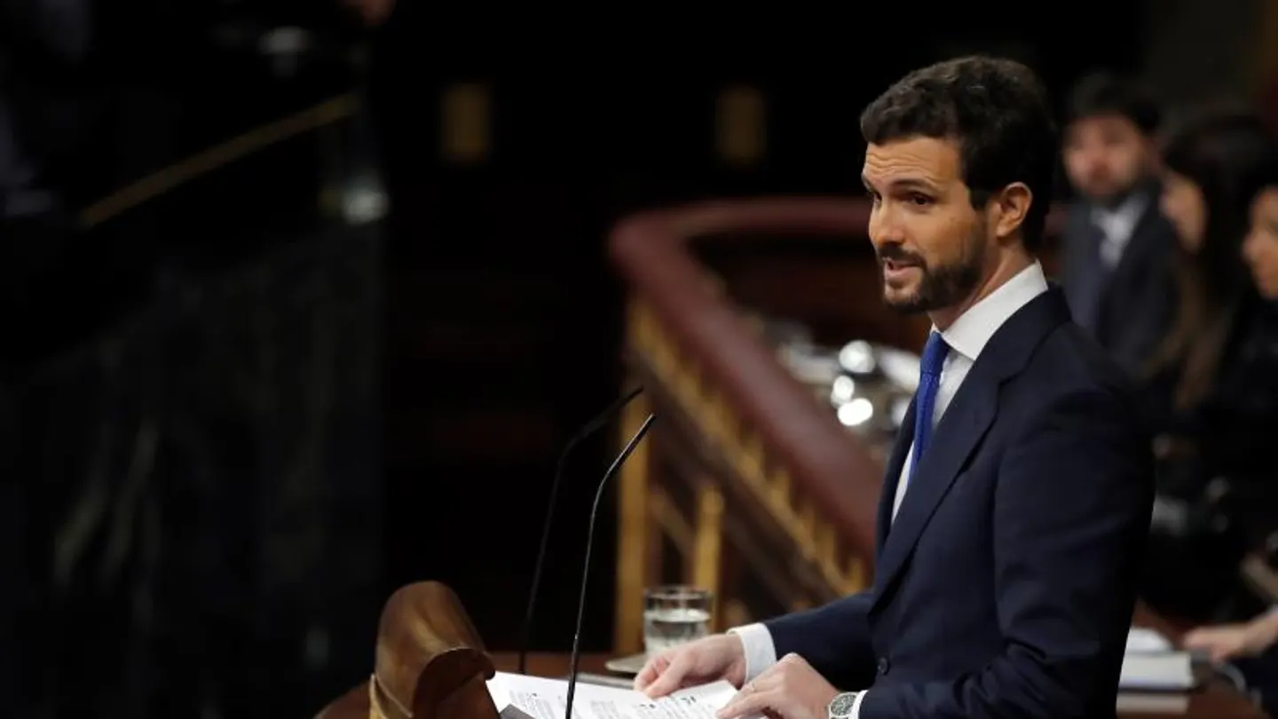 El líder del PP, Pablo Casado, durante su intervención El líder del PP, Pablo Casado, durante su intervención