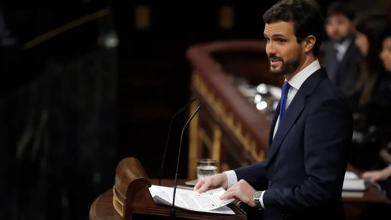 El líder del PP, Pablo Casado, durante su intervención 