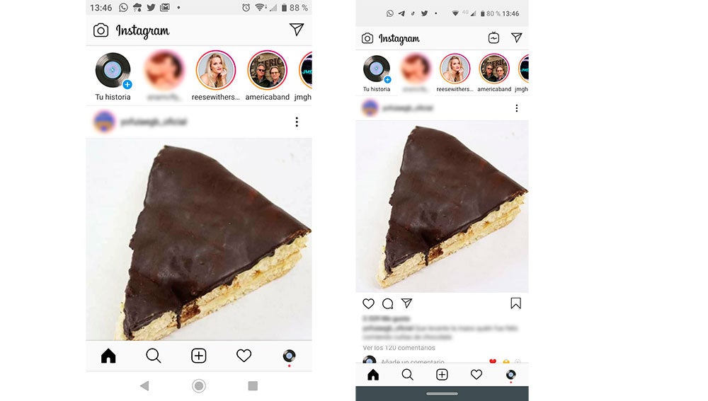 Con y sin botón de IGTV en dos móviles distintos y la misma cuenta