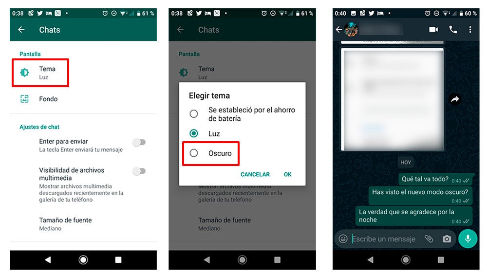 Seleccionando el modo oscuro
