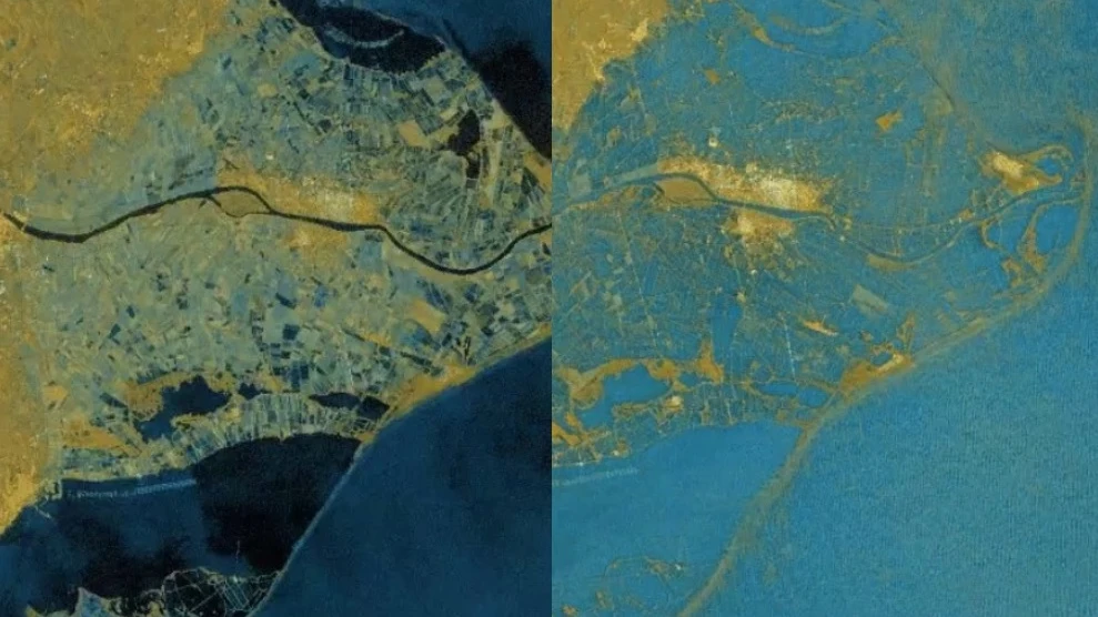 Imagen de satélite del antes y el después del Delta del Ebro