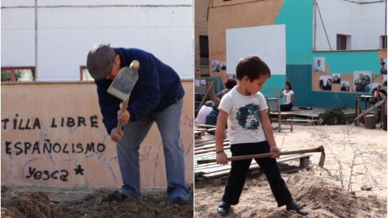 Mayores y pequeños colaboran en la construcción de 'La huerta de Tetuán'