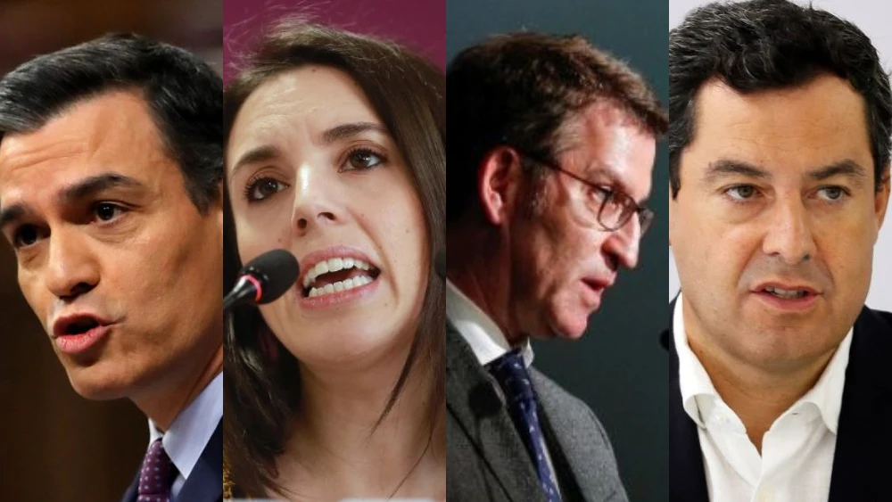 Imagen de Pedro Sánchez, Irene Montero, Alberto Núñez Feijóo y Juanma Moreno