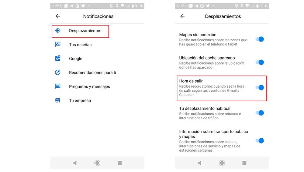 Activando la notificación para la hora de salida