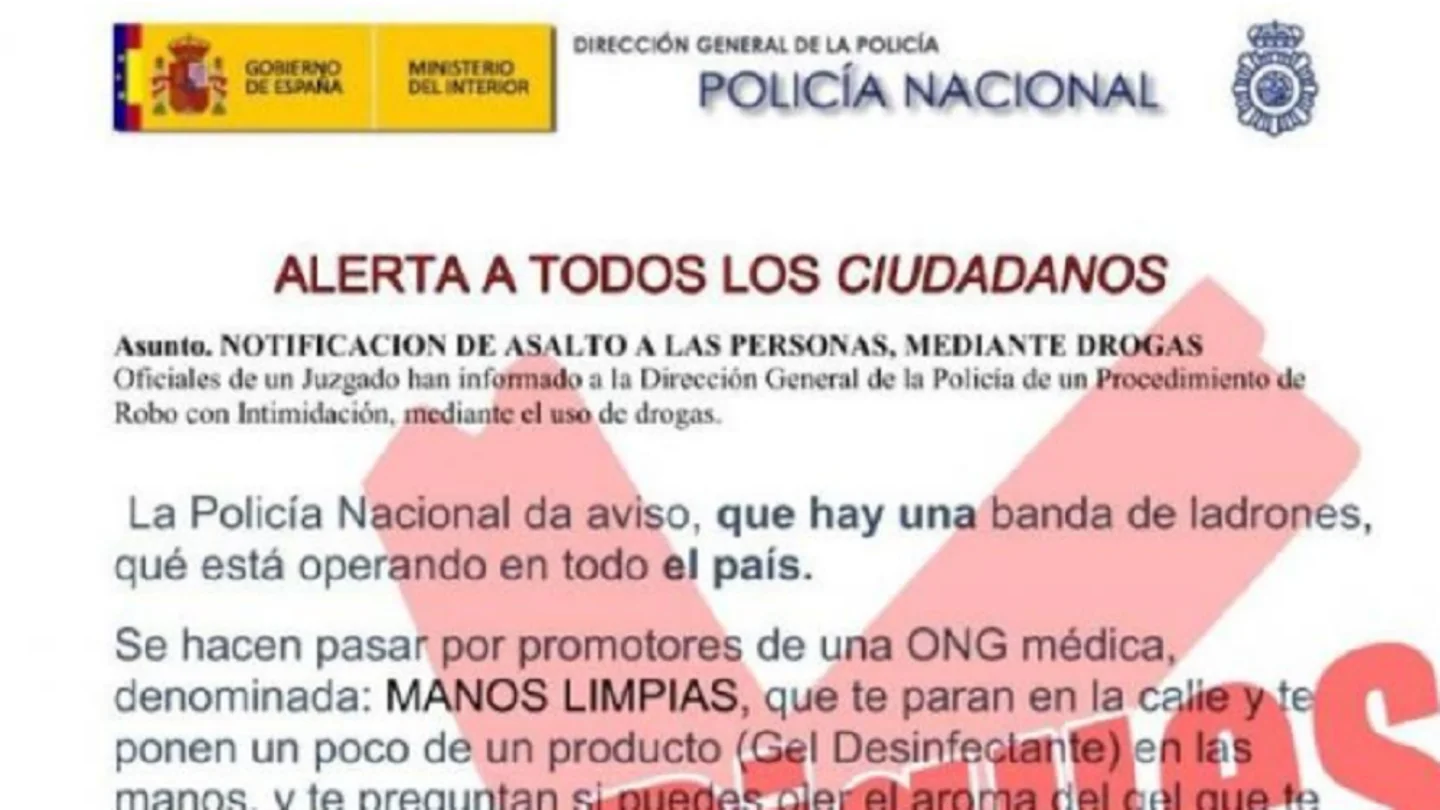 Imagen del bulo publicado por la Policía Nacional. Imagen del bulo publicado por la Policía Nacional.