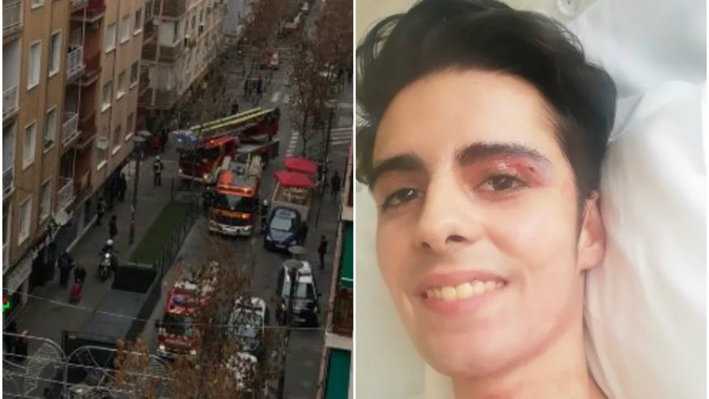 A la izquierda, el Cuerpo de Bomberos de Granada sofocando el incendio. A la derecha, Daniel tras recibir la noticia del alta hospitalaria. A la izquierda, el Cuerpo de Bomberos de Granada sofocando el incendio. A la derecha, Daniel tras recibir la noticia del alta hospitalaria.