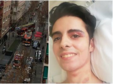 A la izquierda, el Cuerpo de Bomberos de Granada sofocando el incendio. A la derecha, Daniel tras recibir la noticia del alta hospitalaria. A la izquierda, el Cuerpo de Bomberos de Granada sofocando el incendio. A la derecha, Daniel tras recibir la noticia del alta hospitalaria.