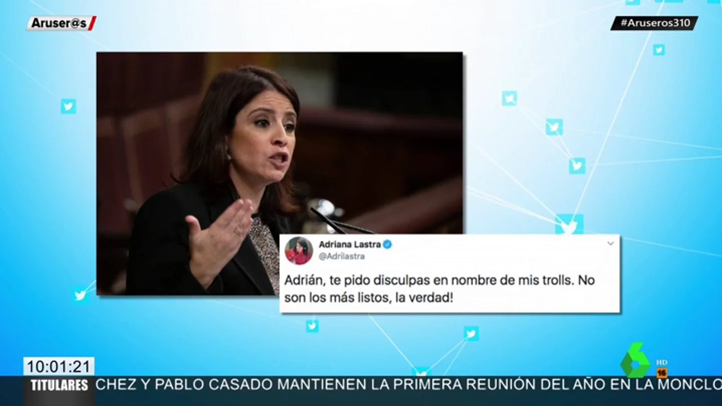 Adriana Lastra se disculpa con el actor Adrián Lastra por el acoso de sus trolls: "No son los más listos, la verdad" Adriana Lastra se disculpa con el actor Adrián Lastra por el acoso de sus trolls: "No son los más listos, la verdad"