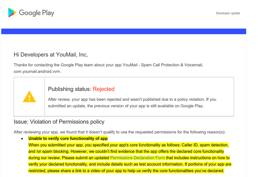 Mensaje enviado por Google a YouMail