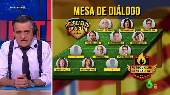 La 'alineación' del 'Recreativo Moncloa' VS. 'F.C. Generalitat' en la mesa de diálogo: "'Pablenin Iglesias', en el extremo izquierdo" La 'alineación' del 'Recreativo Moncloa' VS. 'F.C. Generalitat' en la mesa de diálogo: "'Pablenin Iglesias', en el extremo izquierdo"