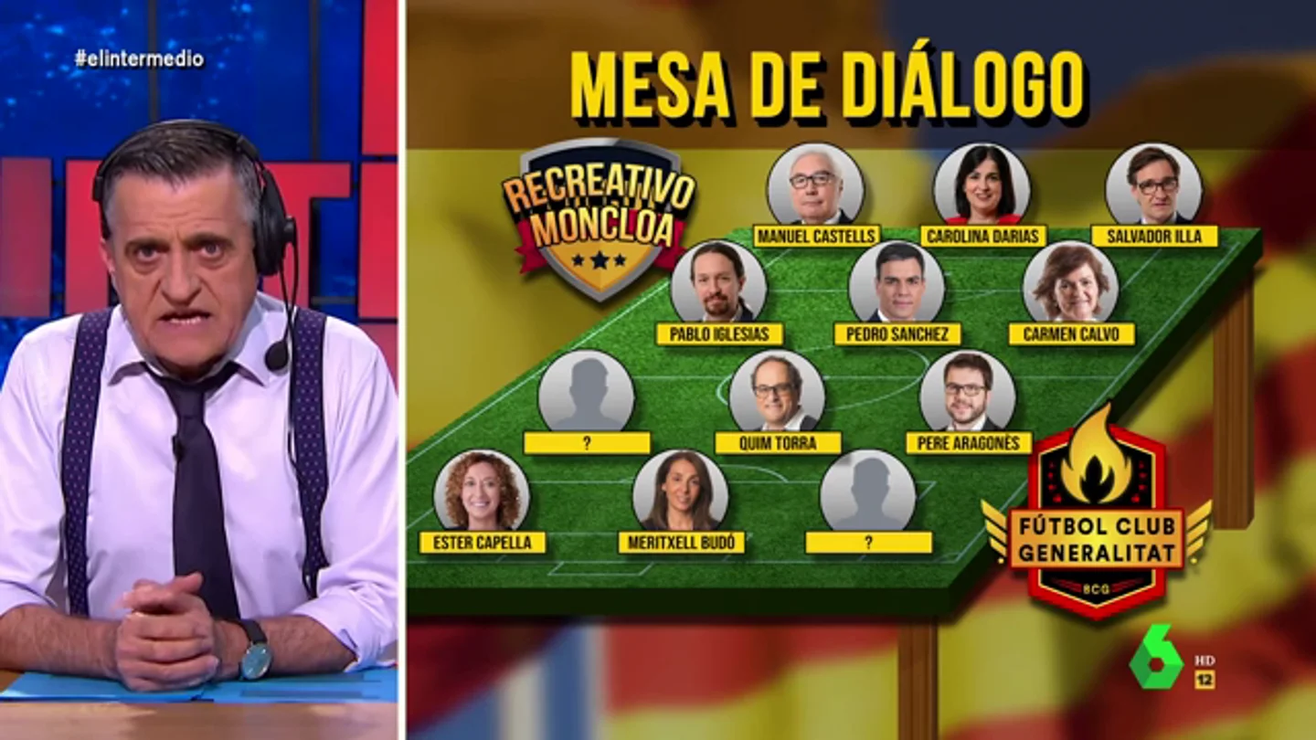 La 'alineación' del 'Recreativo Moncloa' VS. 'F.C. Generalitat' en la mesa de diálogo: "'Pablenin Iglesias', en el extremo izquierdo" La 'alineación' del 'Recreativo Moncloa' VS. 'F.C. Generalitat' en la mesa de diálogo: "'Pablenin Iglesias', en el extremo izquierdo"