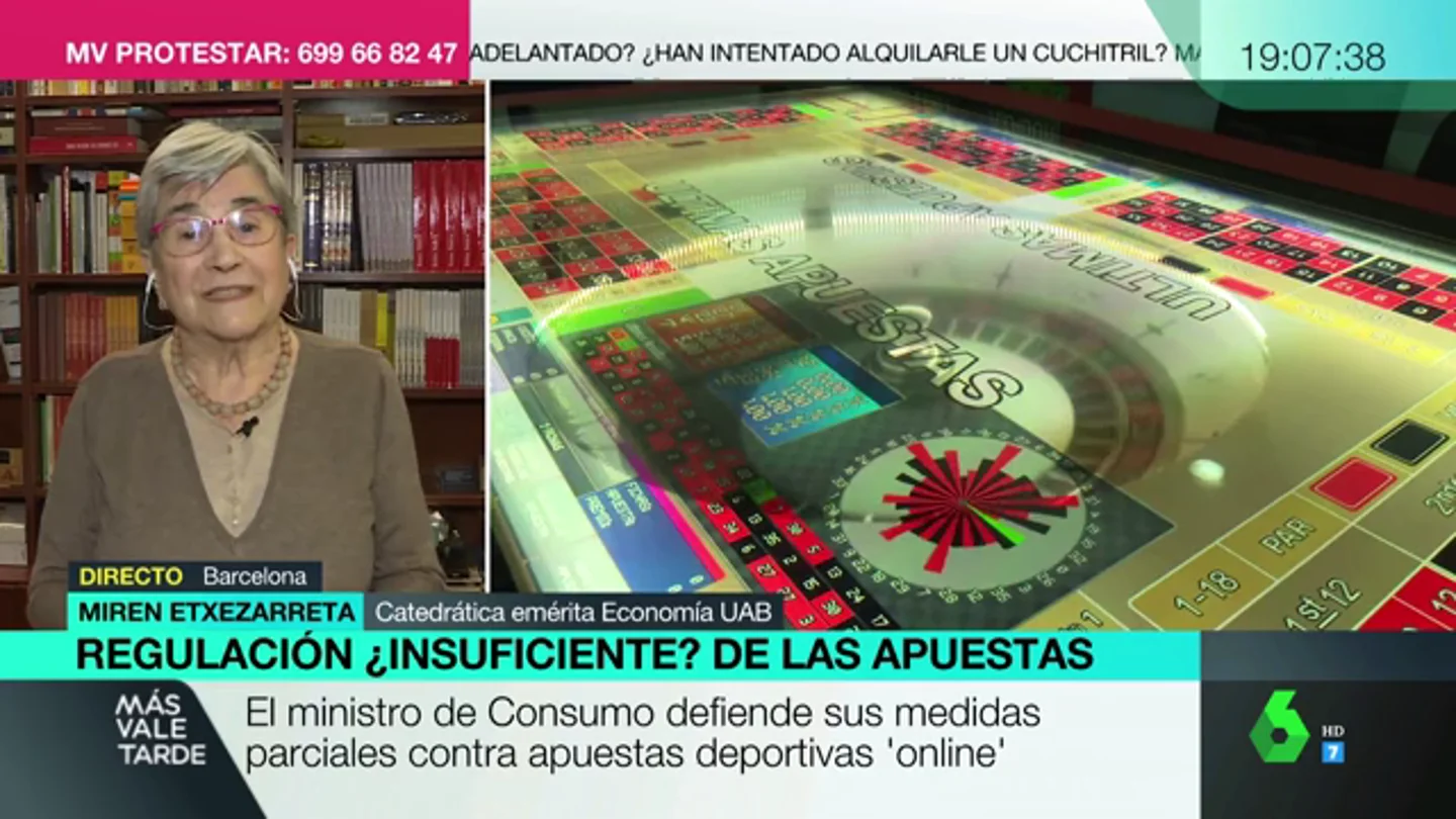 Miren Etxezarreta pide "contundencia" ante las casas de apuestas: "No es solo publicidad, ofrecen dinero para que juegues" Miren Etxezarreta pide "contundencia" ante las casas de apuestas: "No es solo publicidad, ofrecen dinero para que juegues"