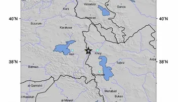 Mapa entregado por el Servicio Geológico de EE.UU. que muestra la ubicación de un terremoto de magnitud 5.7 que golpeó la región fronteriza entre Turquía e Irán