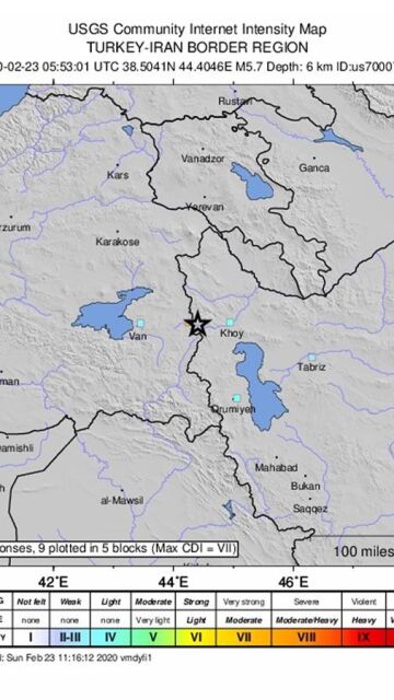 Mapa entregado por el Servicio Geológico de EE.UU. que muestra la ubicación de un terremoto de magnitud 5.7 que golpeó la región fronteriza entre Turquía e Irán
