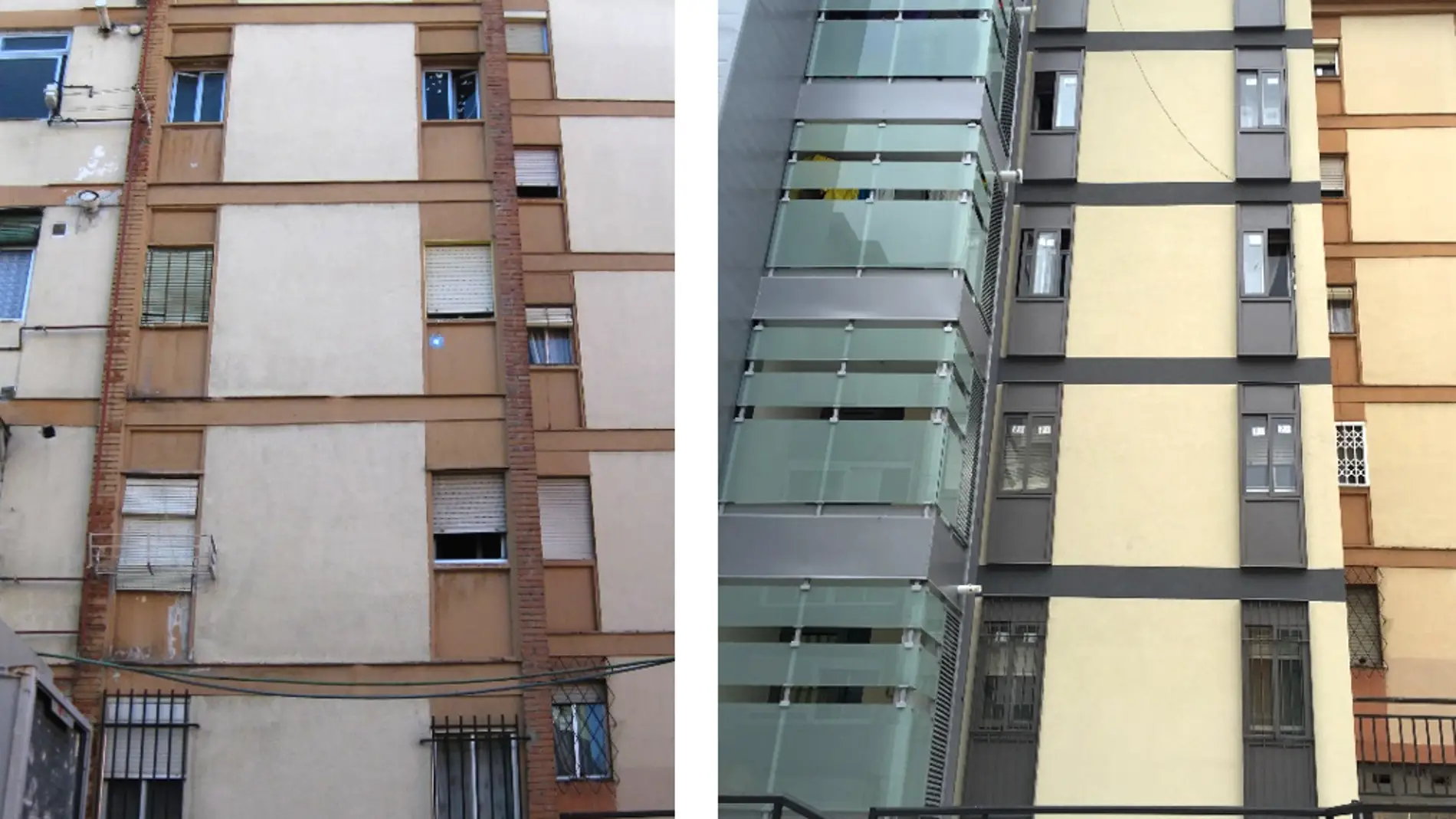Edificio de viviendas rehabilitado. Fachada principal norte. Original (izquierda) Rehabilitado (derecha). Autor: Sheila Varela Luján.