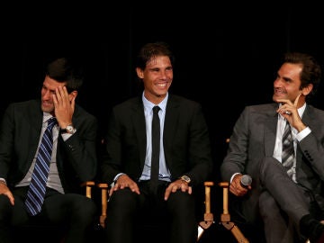 Nadal, Djokovic y Federer en una rueda de prensa Nadal, Djokovic y Federer en una rueda de prensa