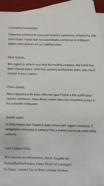 La hoja que han recibido los clientes del hotel puestos en cuarentena en Tenerife La hoja que han recibido los clientes del hotel puestos en cuarentena en Tenerife
