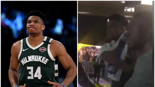 Giannis Antetokounmpo y su hermano, ante un aficionado Giannis Antetokounmpo y su hermano, ante un aficionado
