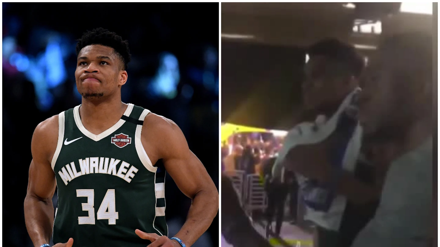 Giannis Antetokounmpo y su hermano, ante un aficionado Giannis Antetokounmpo y su hermano, ante un aficionado