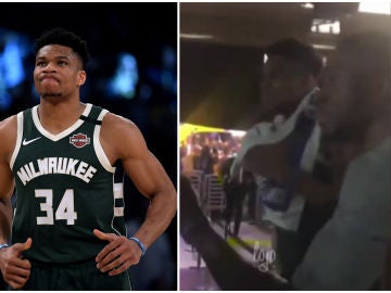 Giannis Antetokounmpo y su hermano, ante un aficionado Giannis Antetokounmpo y su hermano, ante un aficionado