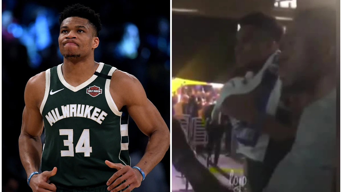 Giannis Antetokounmpo y su hermano, ante un aficionado