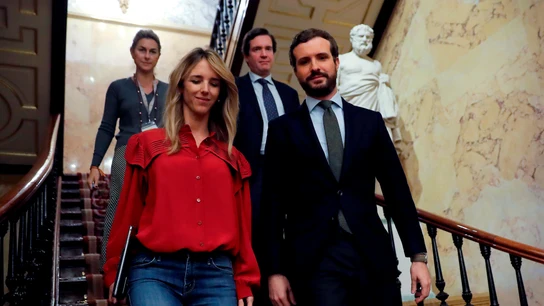 Pablo Casado, acompañado por la portavoz parlamentaria del Partido Popular, Cayetana Álvarez de Toledo Pablo Casado, acompañado por la portavoz parlamentaria del Partido Popular, Cayetana Álvarez de Toledo