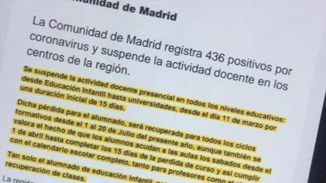 Falsa nota de prensa de la Comunidad de Madrid sobre el coronavirus