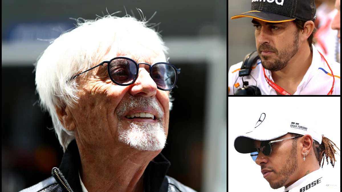 Bernie Ecclestone, con Fernando Alonso y Lewis Hamilton