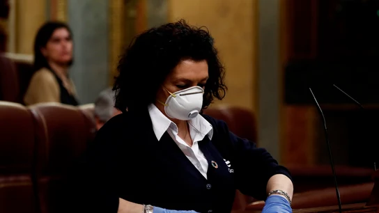 Valentina, la mujer que desinfecta el atril, este miércoles en el Congreso. Valentina, la mujer que desinfecta el atril, este miércoles en el Congreso.