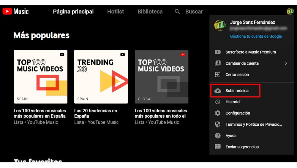 Desde aquí puedes subir la música