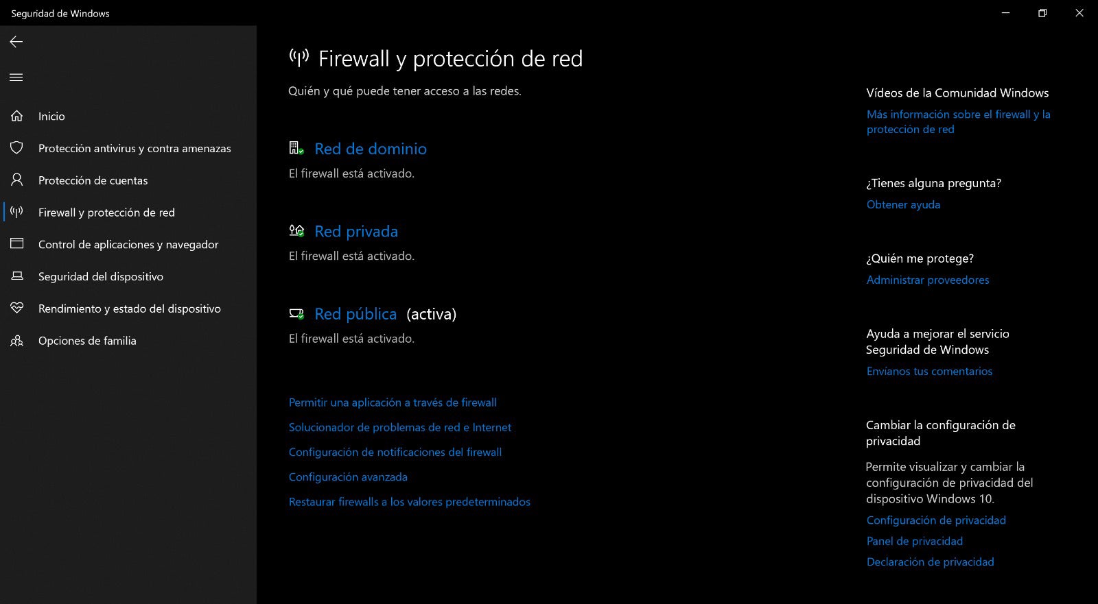 Opciones de Firewall en Windows 10